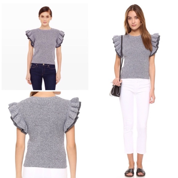 Club Monaco Eris Ruffle Sleeve Marled Merino Wool Sweater Top - Picture 2 of 9